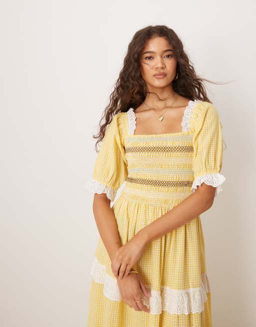 Neon Rose - Gul midaxikjole med pufærmer og gingham-tern, 4 af 4