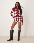 [Neon Rose] Neon Rose harlequin argyle knitted shorts in burgundy-Red XL Burgundy/white