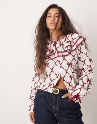 harlequin bow print collar detail blouse in white and red