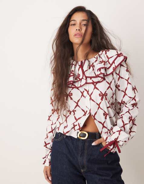Neon Rose harlequin bow print collar detail blouse in white and red - view 1