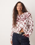 [Neon Rose] Neon Rose harlequin bow print collar detail blouse in white and red XS White/red