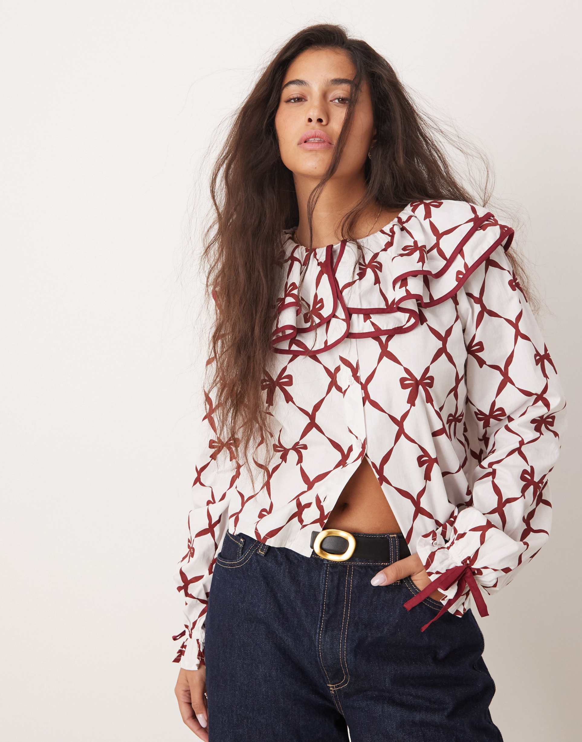 neon rose harlequin bow print collar detail blouse in white and red