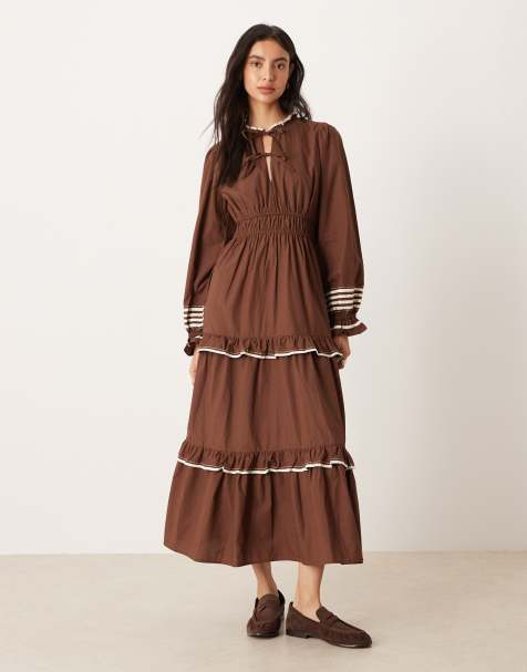 Neon Rose high collared tie detail midaxi tiered dress in brown - view 1