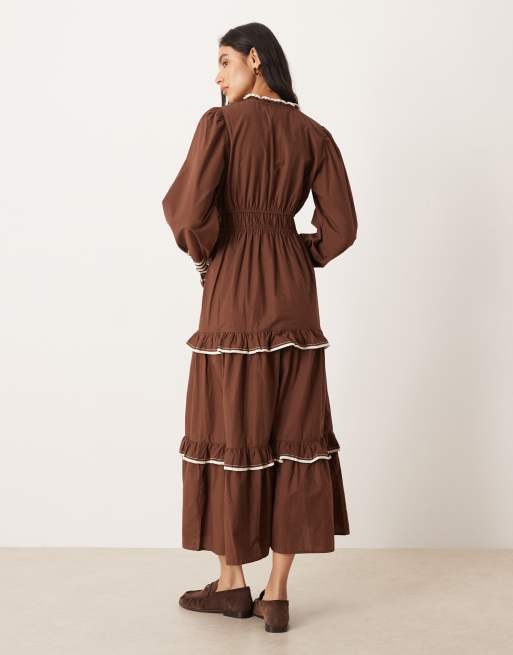 Neon Rose high collared tie detail midaxi tiered dress in brown, 3 of 4