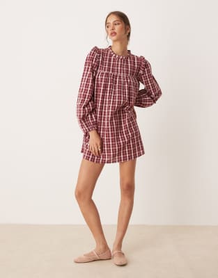 Neon Rose Neon Rose high neck textured check mini smock dress in burgundy & pink
