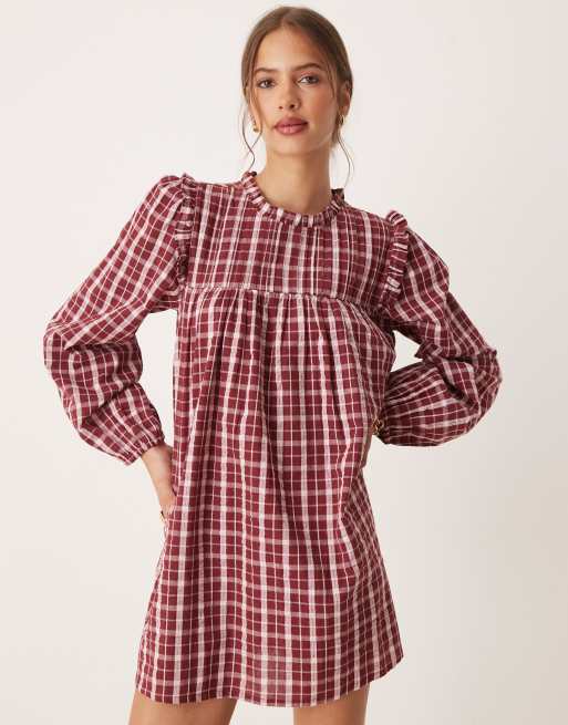 Neon Rose high neck textured plaid mini smock dress in burgundy & pink, 3 of 4