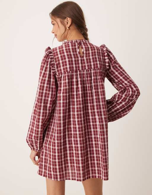 Neon Rose high neck textured plaid mini smock dress in burgundy & pink, 4 of 4