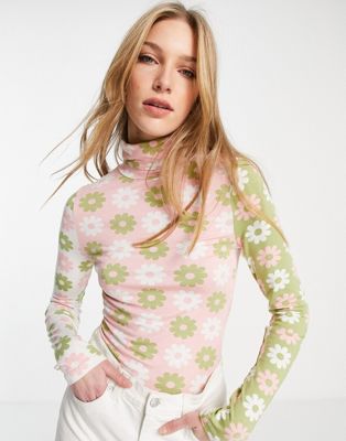 Neon Rose high neck top in mix retro floral co-ord