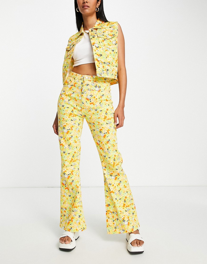 Neon Rose high waist flare jeans in 70s floral denim co-ord-Multi