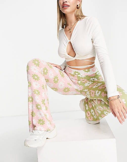  Neon Rose high waisted flare trousers in mix retro floral co-ord 