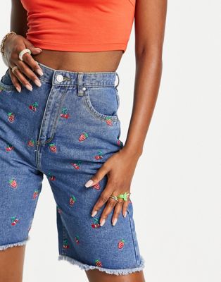 Neon Rose high waisted longline mom shorts with fruit embroidery