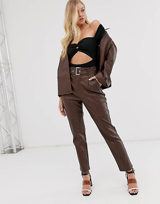 Neon Rose high waisted pants in faux leather with belt | ASOS