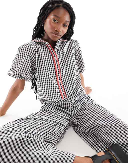 Neon Rose - Jumpsuit med vide ben og sorte gingham-tern, 2 af 4