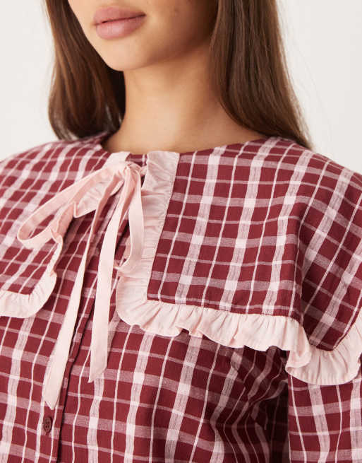 Neon Rose – Karierte, strukturierte Bluse in Burgunderrot und Rosa, 4 von 4