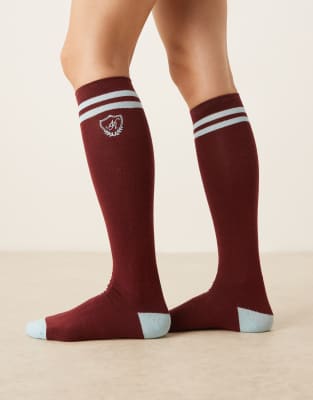 knee high socks in burgundy and blue-Red