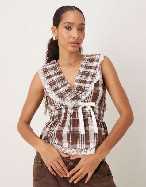 Neon Rose check ruffle wrap blouse in beige