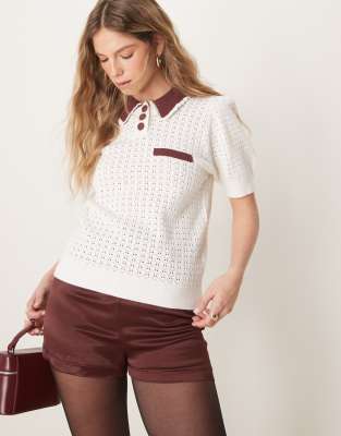 Neon Rose - Kurz geschnittenes Pointelle-Sweatshirt zum Überziehen in Cremeweiß