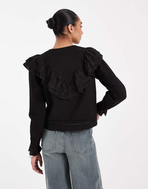 Neon Rose – Langärmlige Bluse in Schwarz mit Knopfleiste und Rüschenkragen, Kombiteil, 4 von 4