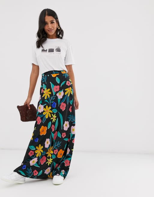 Neon Rose - Lange rok met inkeping en retro bloemenprint