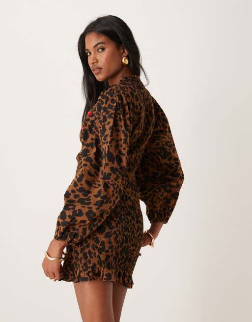 Neon Rose leopard print shirred ribbon detail mini dress in brown, 3 of 4