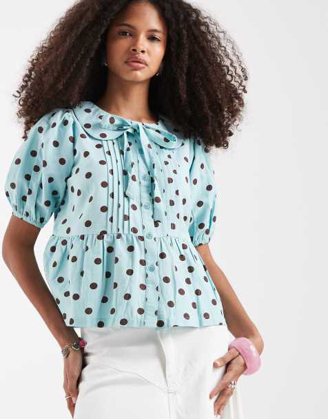 Neon Rose lias puff  sleeve blouse in sea moss polka dot - view 1