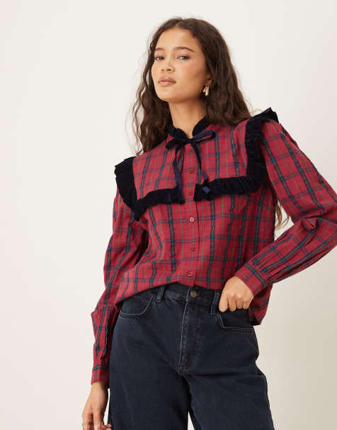 Neon Rose long sleeve floaty top in navy/burgundy check - view 1