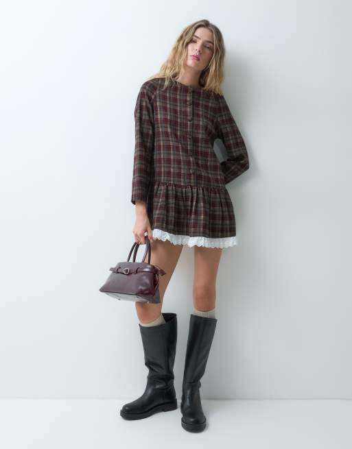 Neon Rose long sleeve mini dress with lace trim in burgundy check, 2 of 4