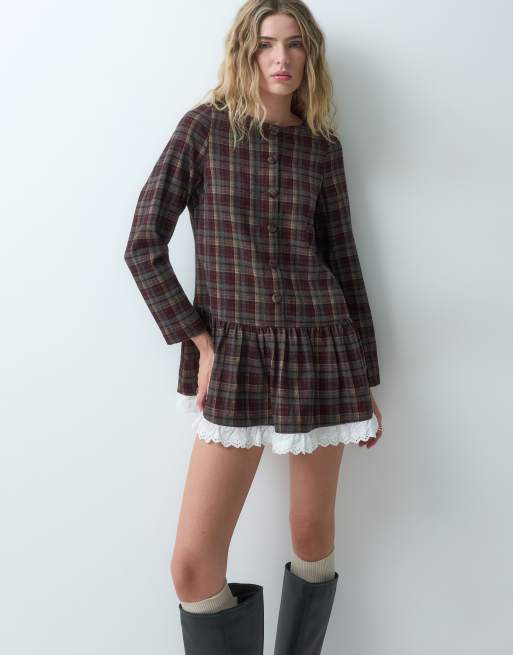 Neon Rose long sleeve mini dress with lace trim in burgundy check, 3 of 4