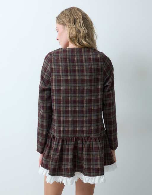 Neon Rose long sleeve mini dress with lace trim in burgundy check, 4 of 4