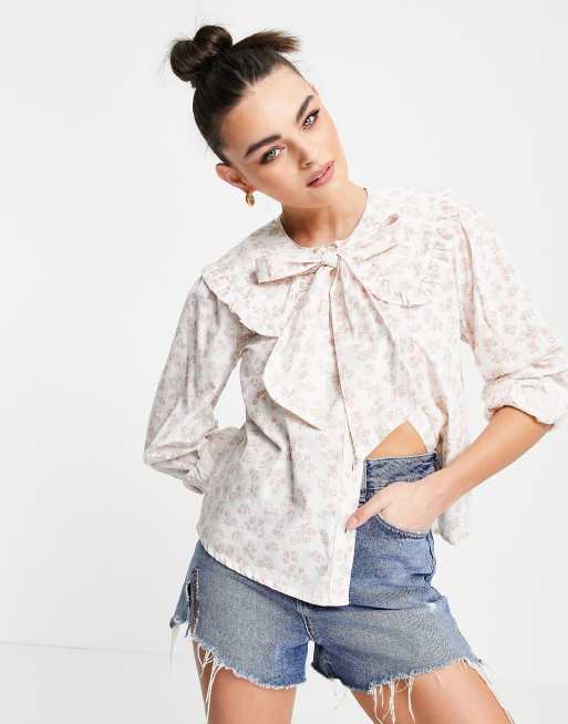 Neon Rose – Luźna bluzka z wiązaniem przy szyi w kwiatowy wzór retro