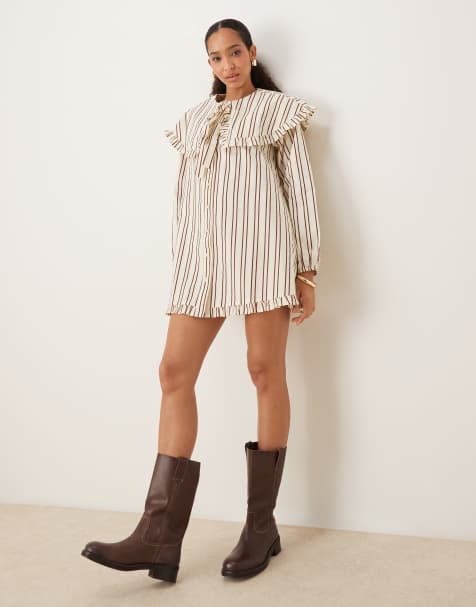 Neon Rose striped oversized collar mini smock dress in olive and brown