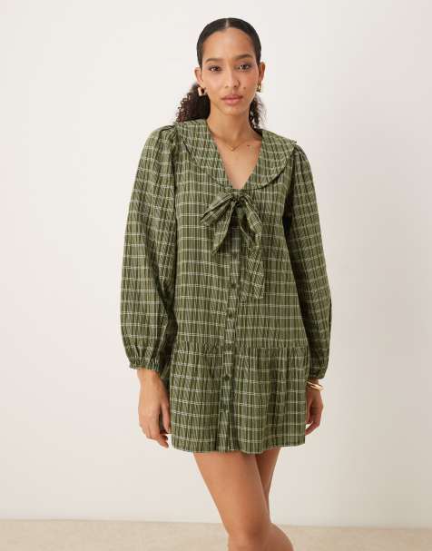 Neon Rose bow detail check mini smock dress in green