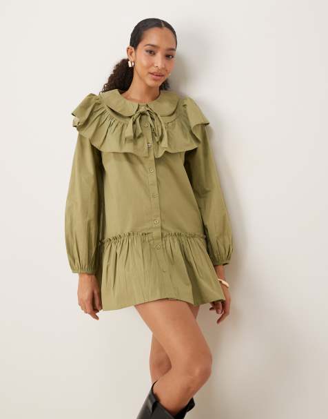 Neon Rose ruffle collar smock dress in olive