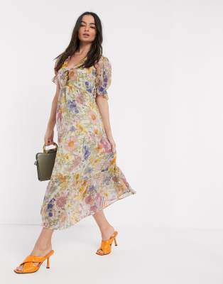 Neon Rose maxi dress with tiered skirt and ruffle frill in vintage floral-White