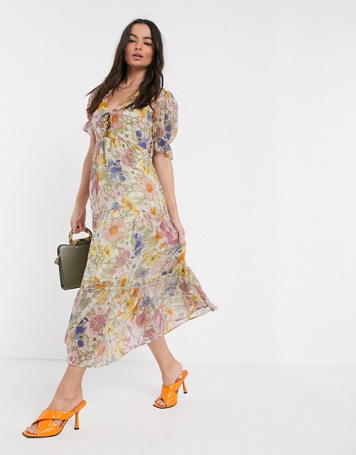 Neon Rose maxi dress with tiered skirt and ruffle frill in vintage floral