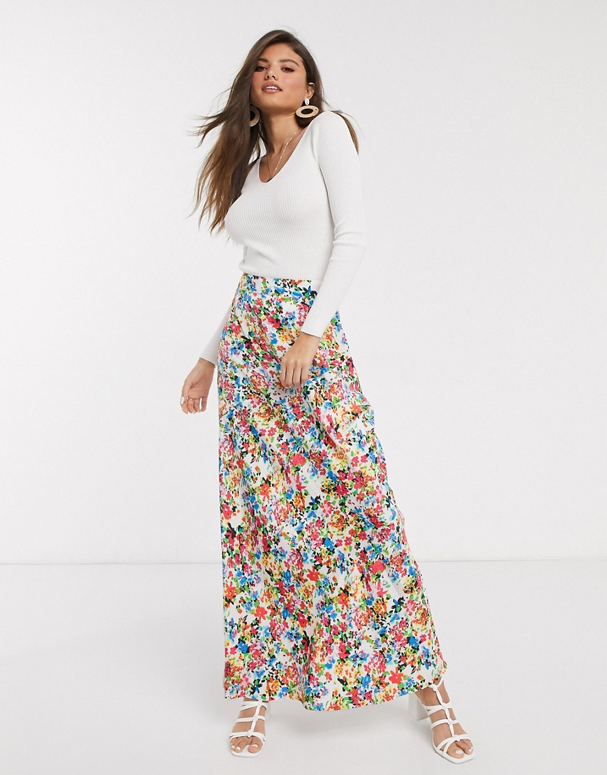 Neon Rose maxi skirt in vintage floral-White
