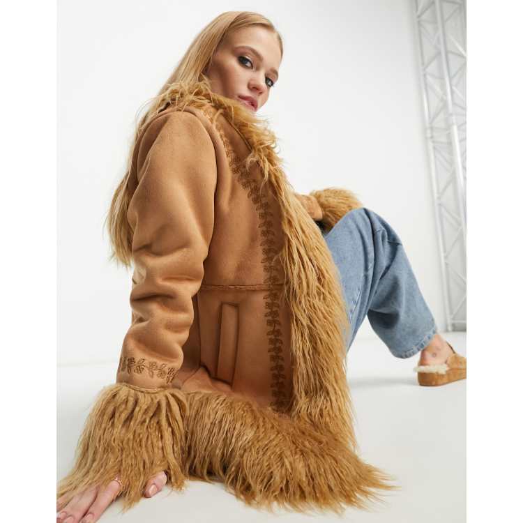 ASOS DESIGN suede midi coat with faux fur trim in tan