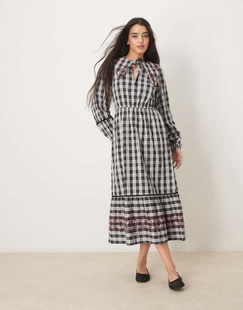 Neon Rose - Midaxi-jurk met gerimpelde mouwen in grijze gingham ruit - view 1