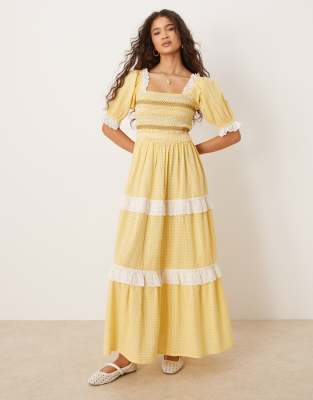 Neon Rose - Midaxi-Kleid in Gelb mit Puffärmeln und Vichy-Karo