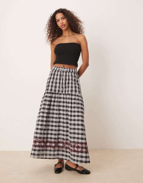 Neon Rose - Midaxi rok met gingham ruit en geborduurd detail in grijs - view 1
