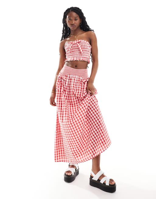 Neon Rose - Midaxi rok met gingham ruit en strikdetail in rood, deel van co-ord set