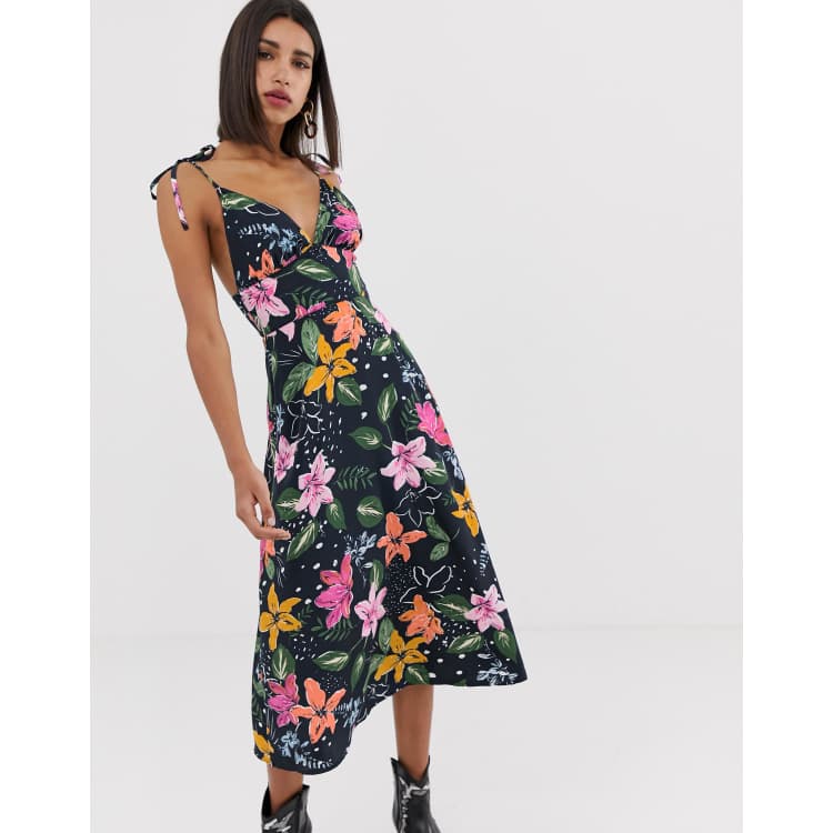 Neon Rose midi cami dress with tie shoulders in tropical floral print ASOS