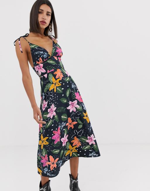 Neon Rose midi cami dress with tie shoulders in tropical floral print ...