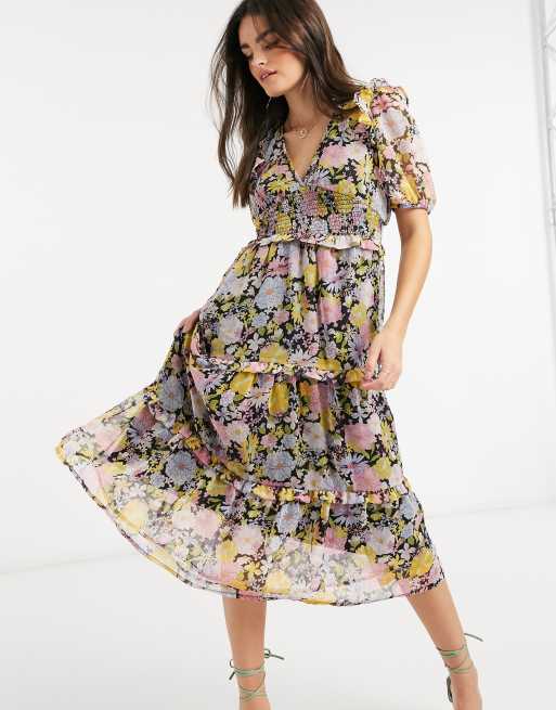 Neon Rose midi dress with tiered ruffle skirt and bow back in floral | ASOS