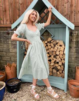 Neon Rose Midi Dress With Tiered Skirt And Sweethear Neckline In Textured Dobby green ModeSens