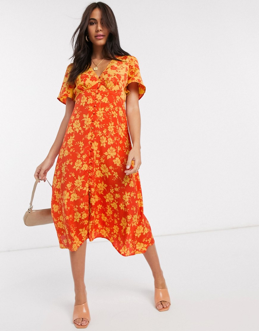 Neon Rose - Midi-jurk met knopen vooraan en gemengde bloemenprint-Oranje