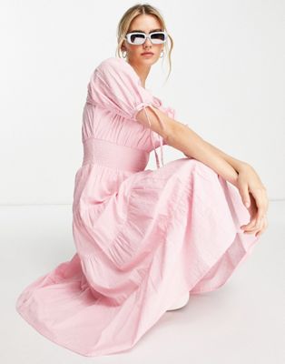 Neon Rose midi milkmaid dress in pink dobby spot