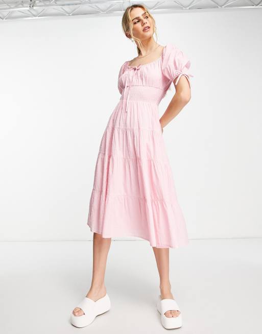Neon Rose midi milkmaid dress in pink textured spot