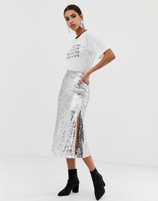 Neon Rose - midi-nederdel med pailletter-Sølv