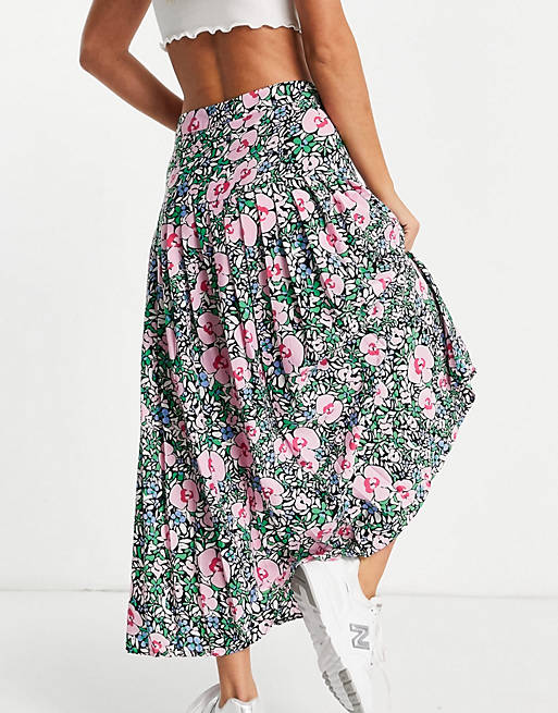 Skirts Neon Rose midi pleated skirt with front split in bright floral 